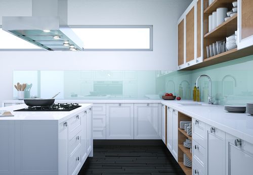 Glass tile backsplash - White Kitchen Cabinets