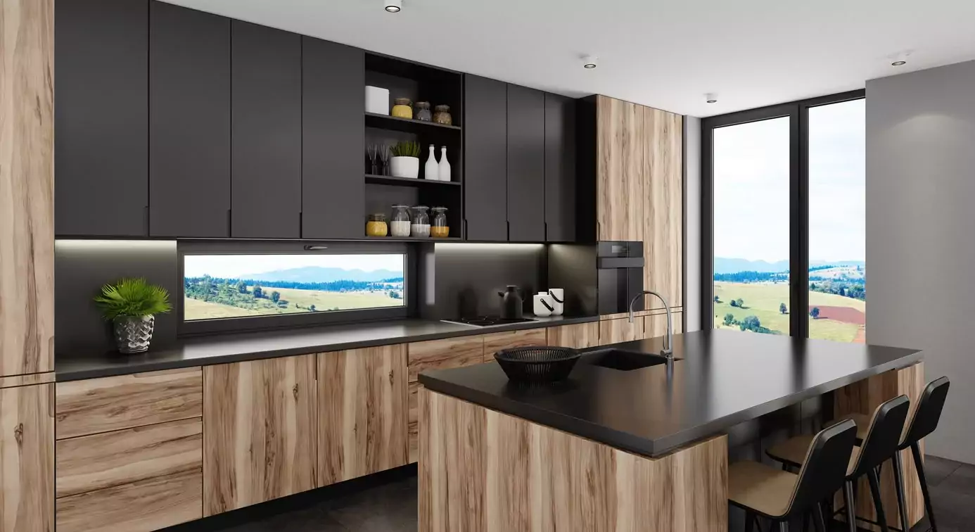 Combine Black Cabinets With Natural Wood Accents - Black Kitchen Cabinetry