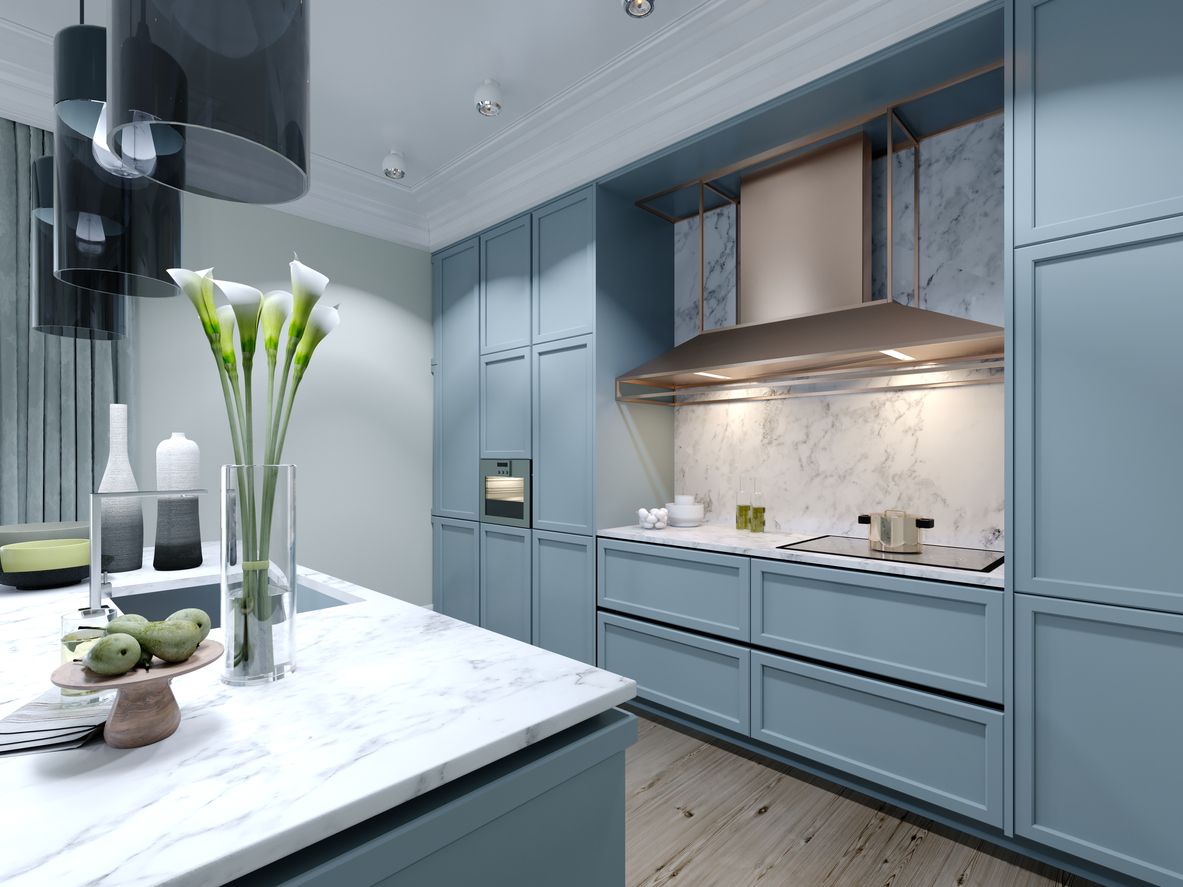  White Marble Countertops- Blue Kitchen Cabinets - An Extraordinary Trending Design!