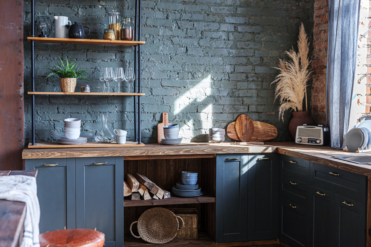 3. Pair Shaker Cabinets With Rustic Shelving